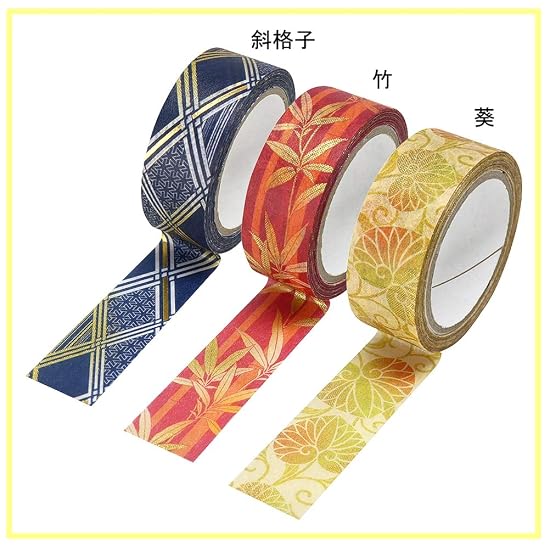 Kamiiso Sansho Made in Japan Washi Masking Tape, kimono-bi 3-roll set (Aoi, Bamboo, Diagonal Lattice