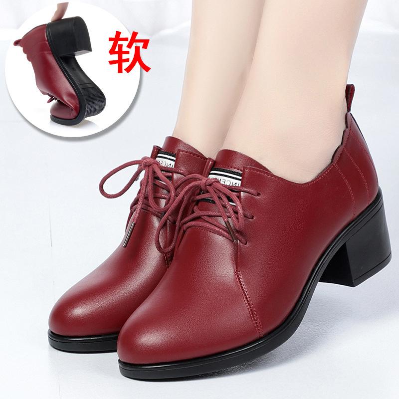 Spring Autumn Deep Mouth New Fashion Casual Women's Solid Shoes Lace Up Round Toe Chunky Heel  Soft Leather Soft Bottom Shoes