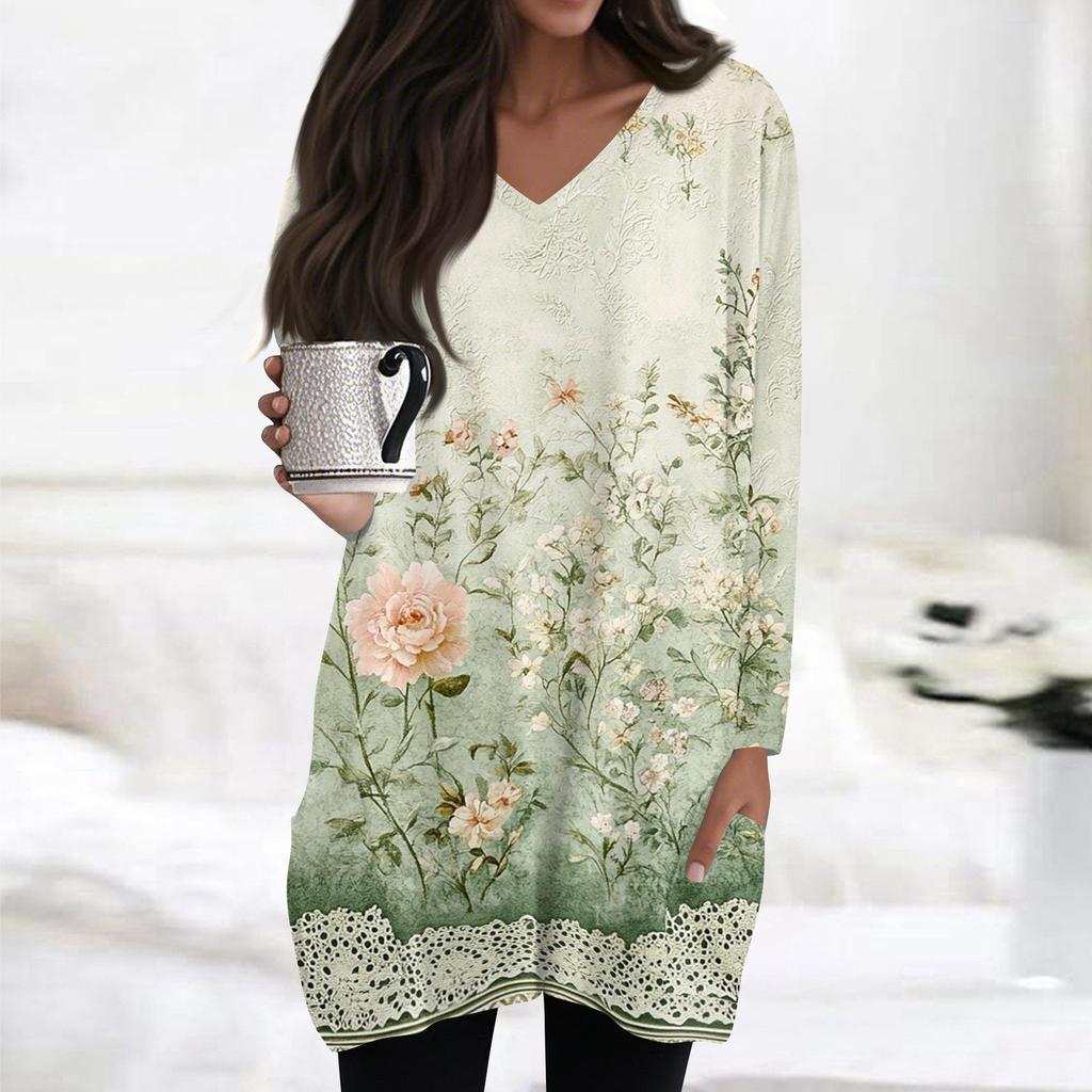 Damen Oberteile V-Ausschnitt Langarm Blusen Lässige Mittellange Hemden Mode Druck Tunika Oberteile Mit Taschen
