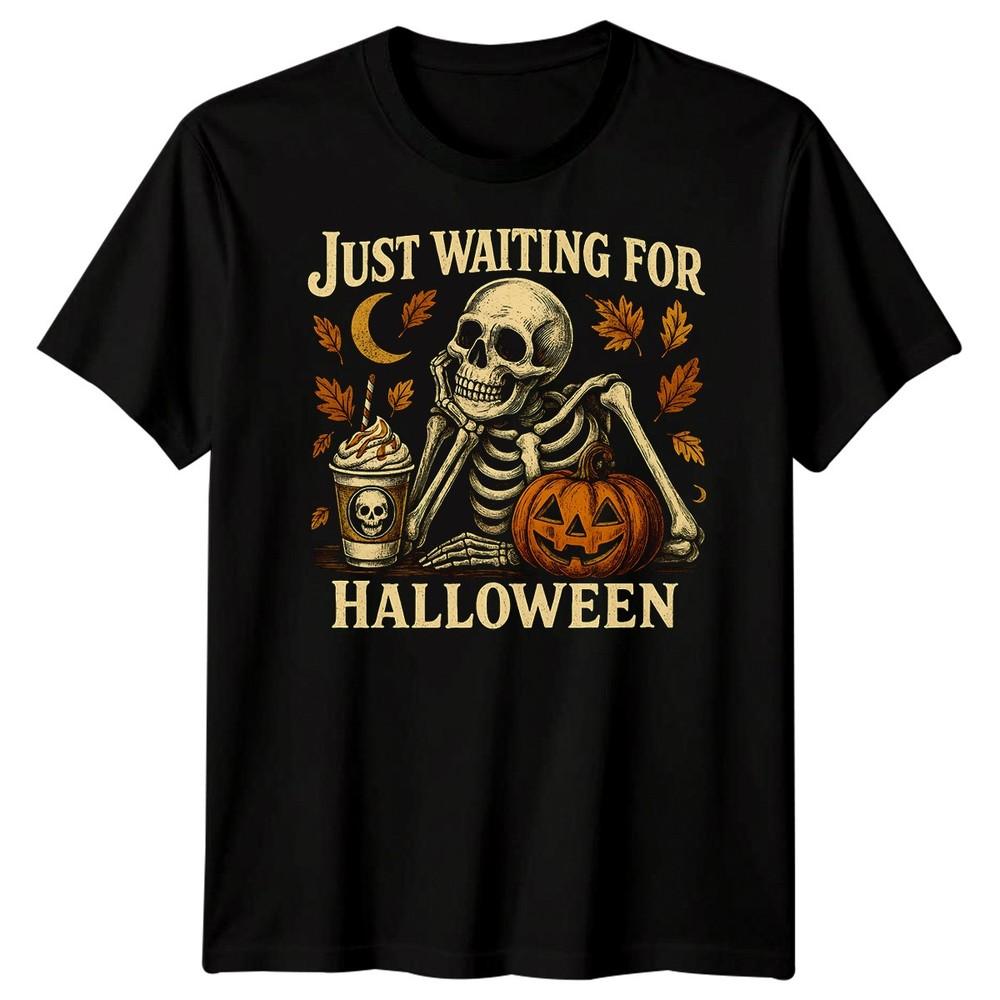 

Just Waiting For Halloween Skeleton Halloween Mens Womens Graphic Tee M