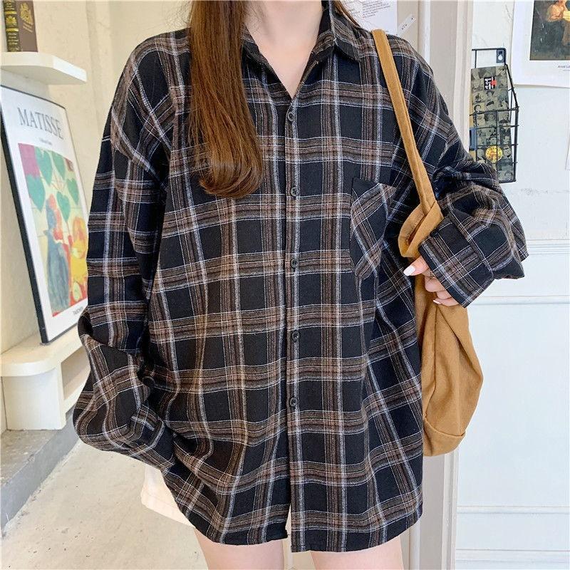 Women Shirt Plaid Oversized Brown Top Turn-down Collar Leisure Fashion Loose All-match Long Sleeves Soft Chic Korean Top