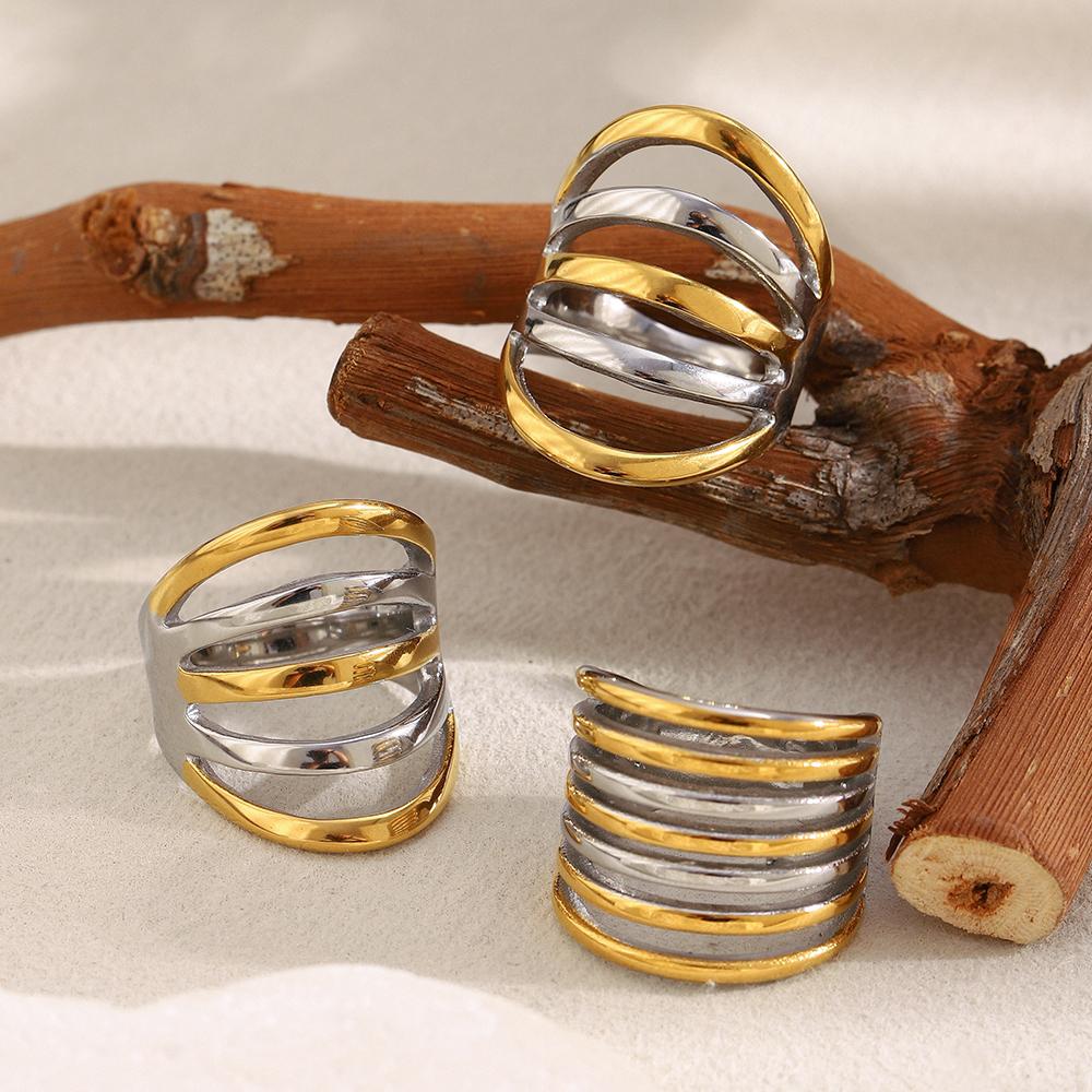 MamacitaSlay 316L Stainless Steel Two Tone Multilayer Line Wide Ring Party Waterproof Jewelry Women's Unique Cool Ring 2025 Gift