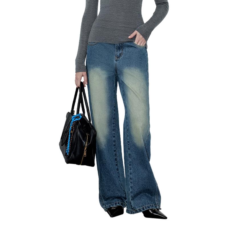 GREEN BELT American Retro Washed Denim Wide-Leg Jeans