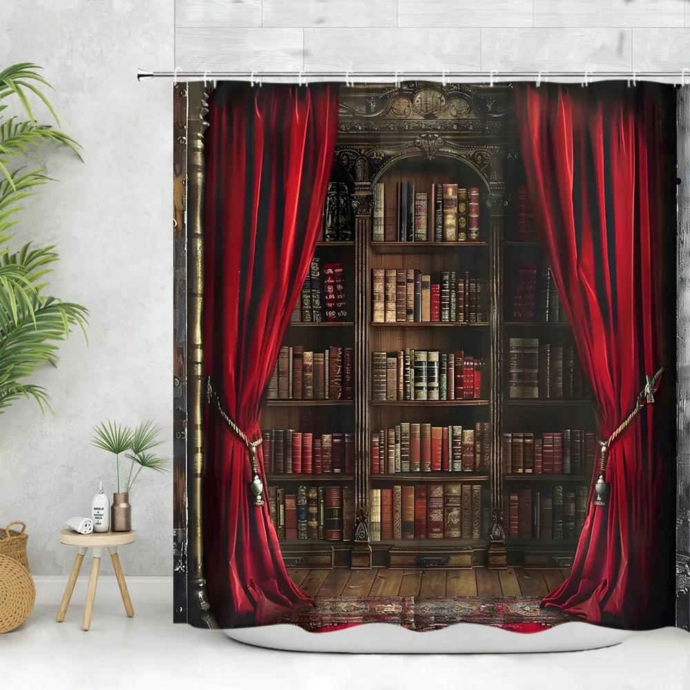 Vintage Library Shower Curtain Skull Candles Old Books Bookshelf Cat Plant Cartoon Home Polyester Fabric Bathroom Decor Curtains
