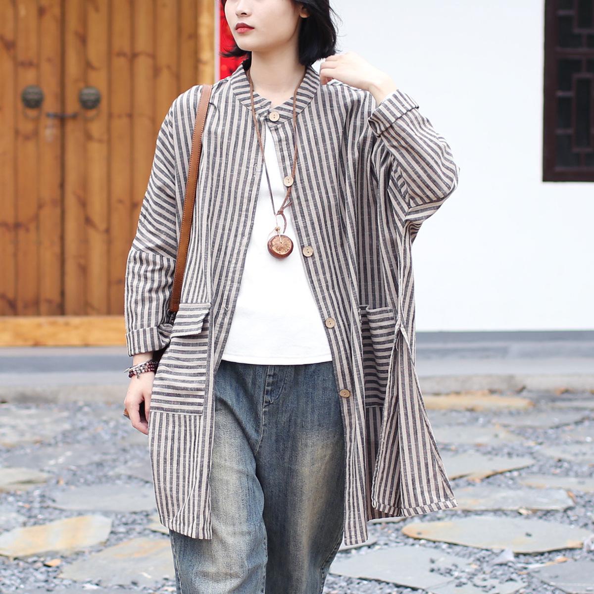 

Johnature Women Vintage Striped Stand Bat Sleeve Spring Pockets Button Women Loose Coats One Size