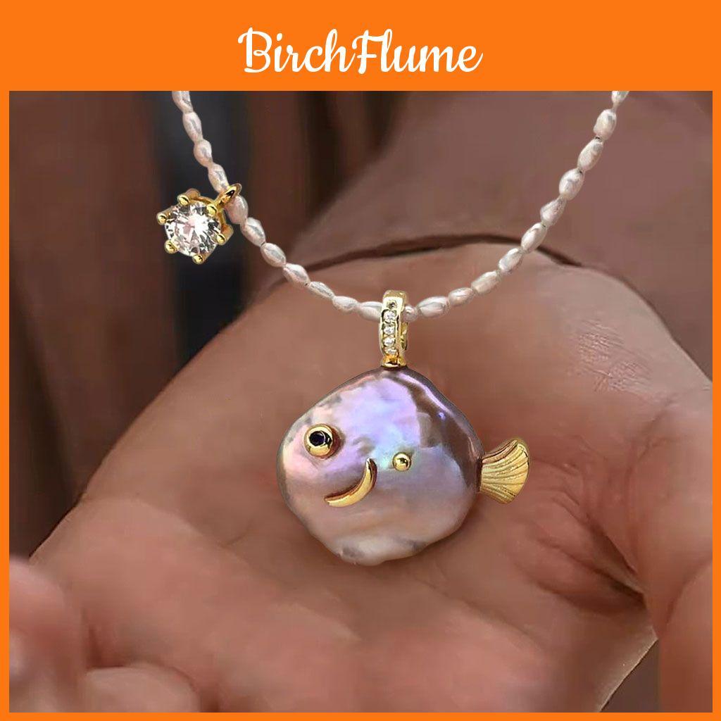 Ocean Pearl Pendant Necklace With Zircon Fish Charm For Women And Men