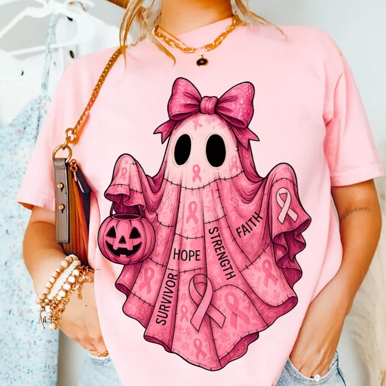 Breast Cancer Awareness Ghost Shirt Pink Ribbon Patchwork Ghost Survivor Halloween Digital Subl