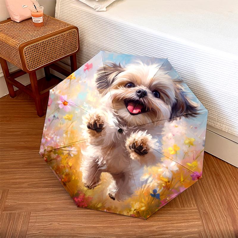 Muster mit Shih Tzu und Blumen, automatisch faltbarer Regenschirm, tragbares und faltbares Design, 8 Schirmstäbe, ein Weihnachts- oder Geburtstagsgeschenk.