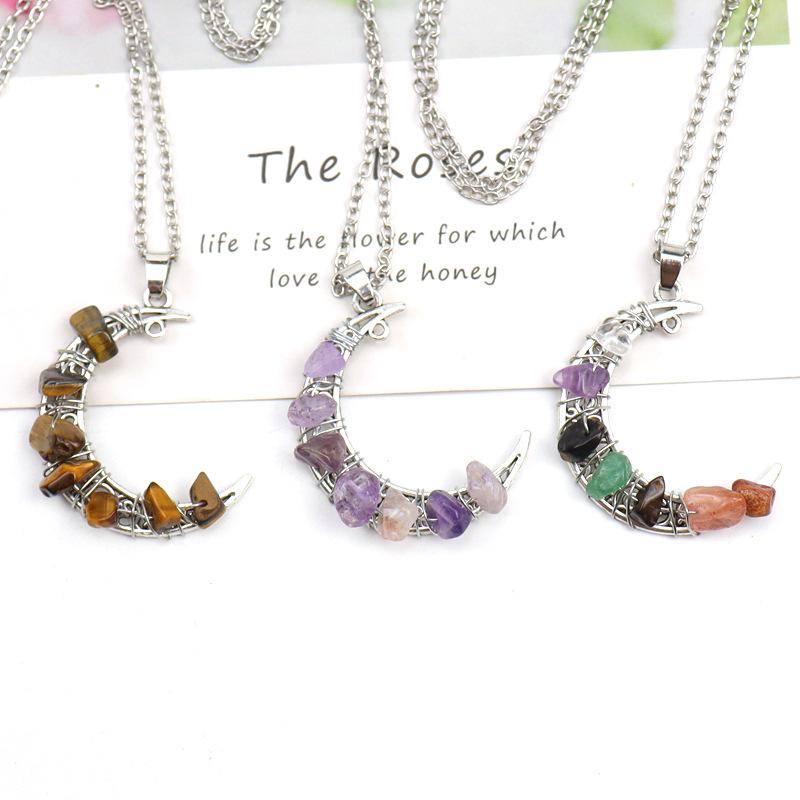 Vintage Handmade Colorful Beaded Gravel Crystal Amethyst Moon Pendant Necklace N551