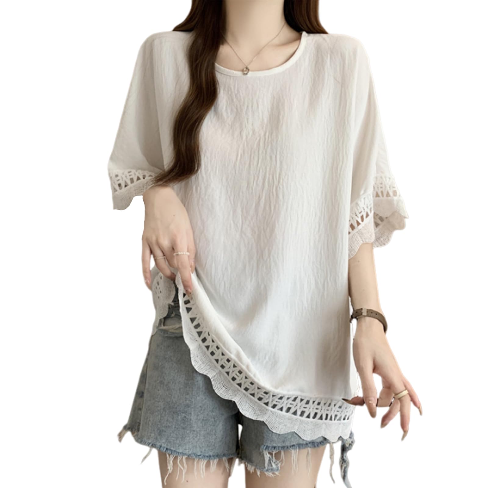 

Блузки для короткого лета ажурные летние стильные большие свободные для тела повседневные для работы [7-livehouse] женские, футболки, рукава, топы, трикотаж, однотонные, белый