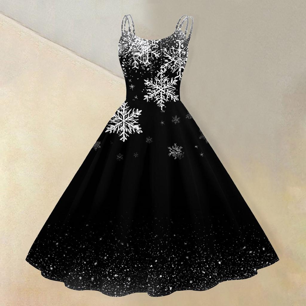 (Merry Christmas) Women's Casual Fashion Christmas Snowflake/Christmas Tree/Snowman Print Round Neck Retro Dress