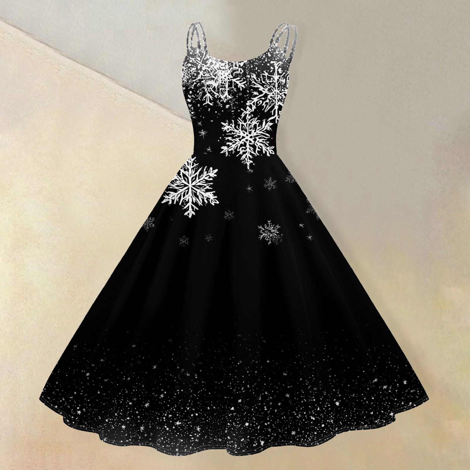 

(Merry Christmas) Women s Casual Fashion Christmas Snowflake/Christmas Tree/Snowman Print Round Neck Retro Dress XL