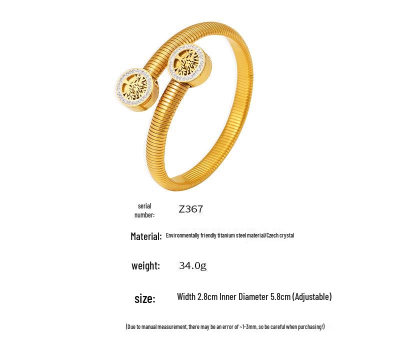 18k Gold Plated Life Tree Rhinestone Open-end Bracelet, European & American Design, Titanium Steel
