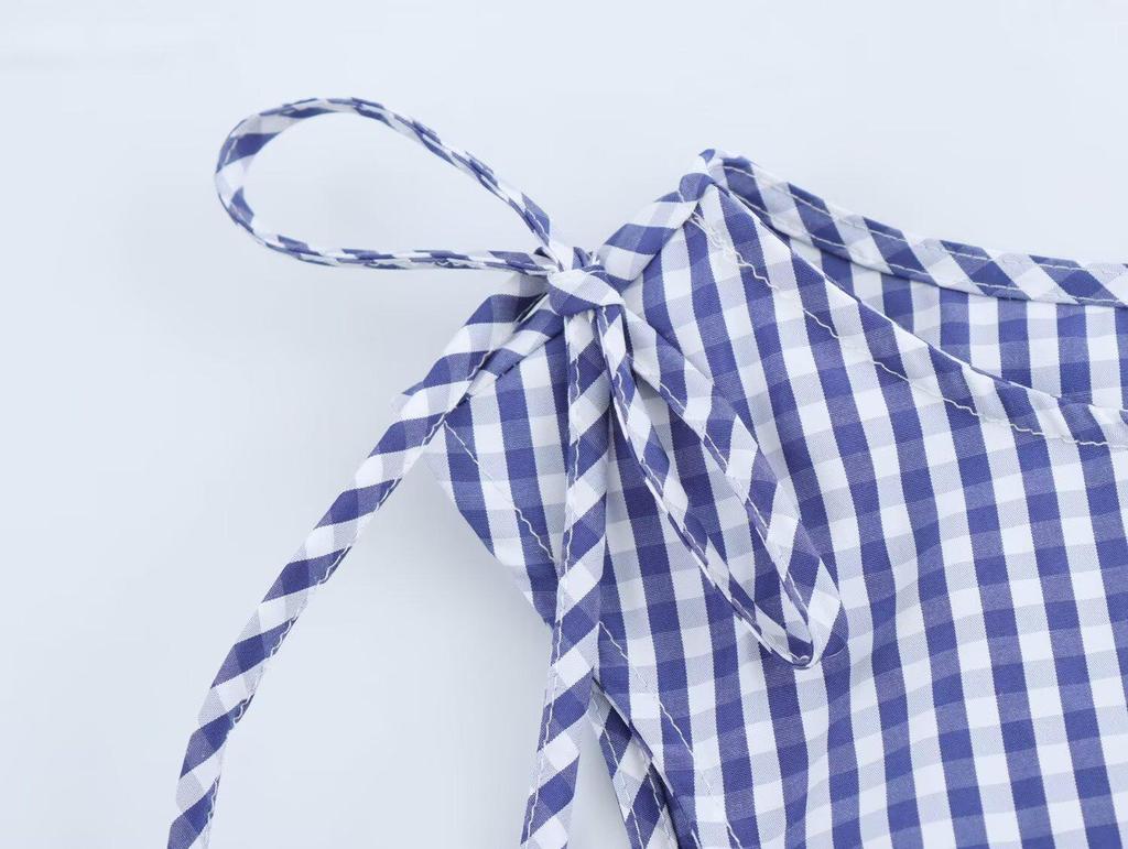 2025 Spring Women's European & American Style Striped Tie-Up Ruched Waist Top