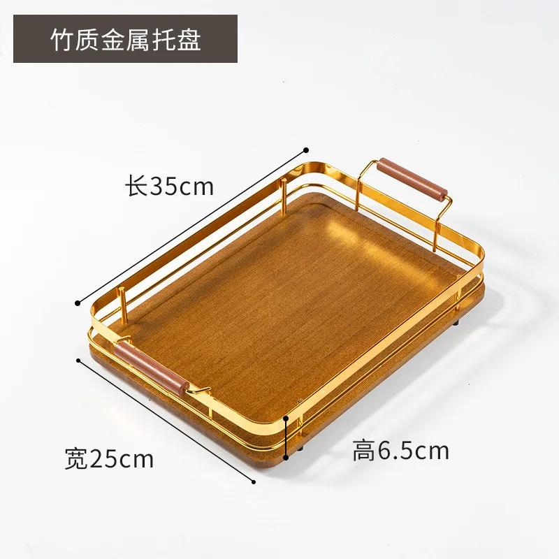 2024 New Bamboo Fruit Tray with Metal Handle, Barbecue Tray Tea Tray Dessert & Bread Plates Wooden Plate Cake Stand