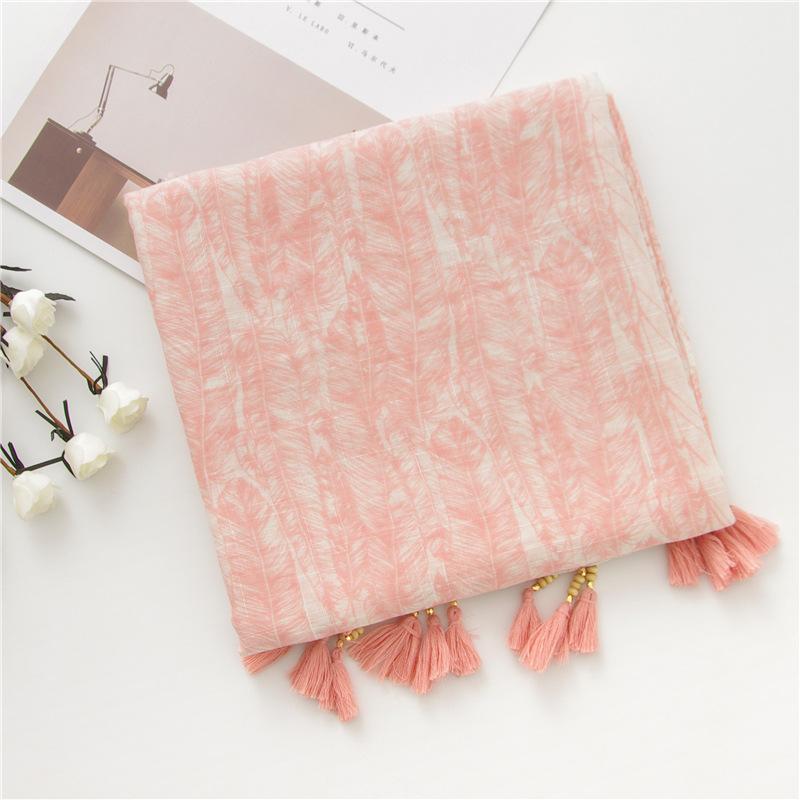 Japanese Temperament Autumn And Winter New Item Feather Print Wood Bead Tassel Versatile Artistic Ethnic Style Cotton And Linen Scarf Shawl