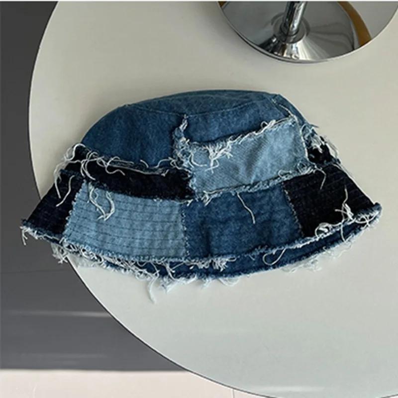 Japanese Niche Designer Bucket Hat Showing Small Face Retro Beggar Style Splicing Contrasting Color Denim Basin Caps for Women