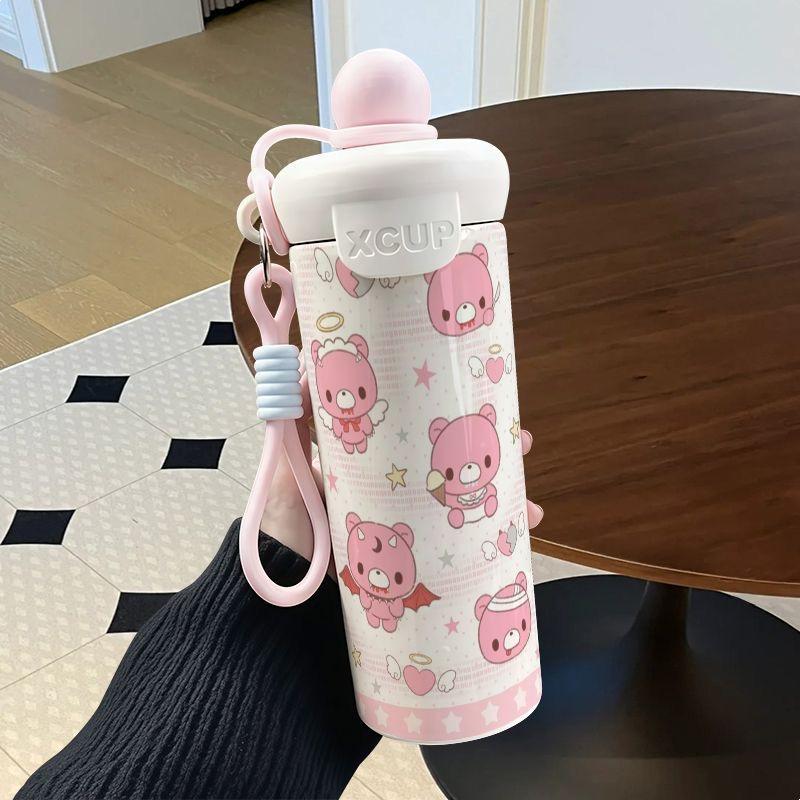 Cute Pink Bear Insulated Water Bottle, Leakproof Stainless Steel Thermos for Daily Use