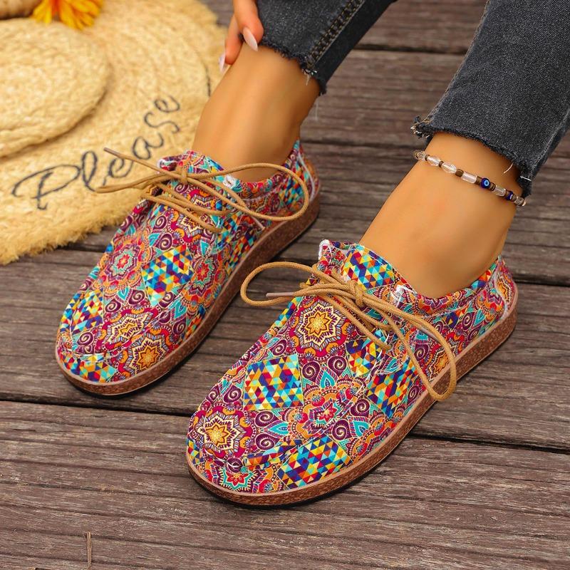 Printed Ethnic Style Lace-up Casual Shoes 2025 Autumn New Plus-size Flat Low-top Shoes for Women