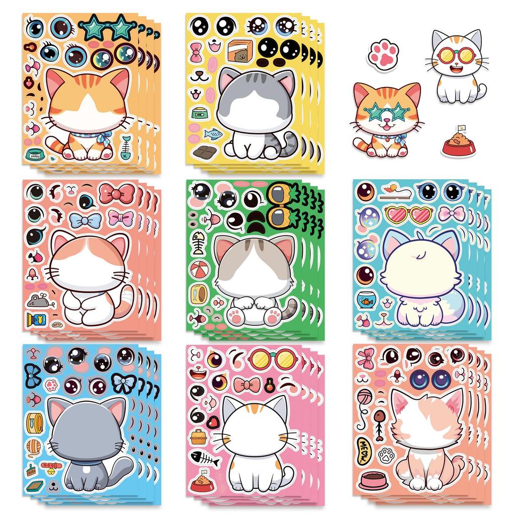 8PCS Cartoon Cat Make a Face Sticker Set, DIY Puzzle Face Swap Decals for Diary Photo Album Notebook Phone Helmet