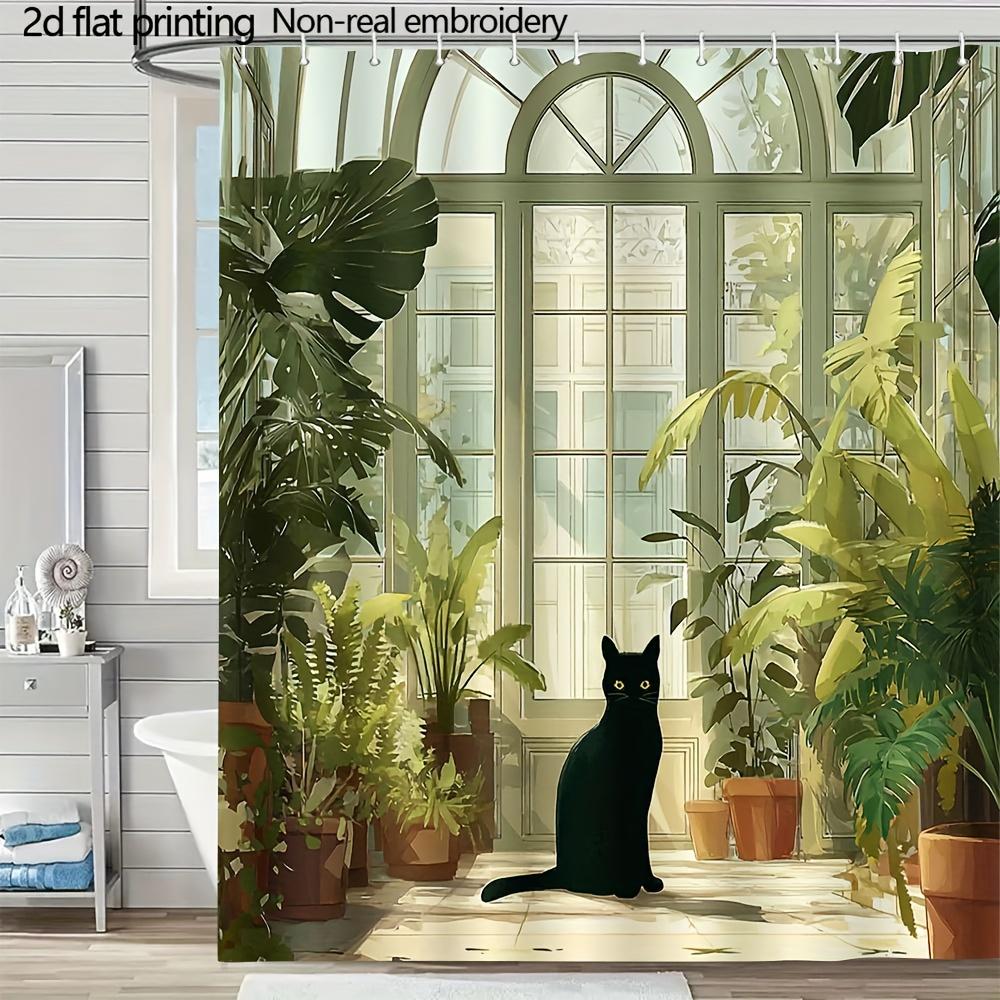 

Watercolor Greenhouse Cat Illustration Shower Curtain 1Pc With 12 Hooks For Bathroom Home Decor Polyester 70.8X70.8 Inch W60H190(CM)-1 Pcs