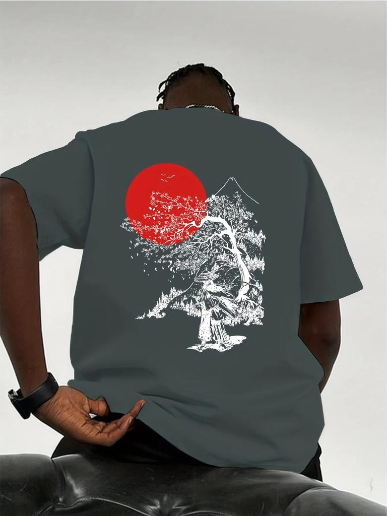 Mens Cotton Zeninspired Tshirt New Japanese Cherry Blossom and Mountain Pattern Bestselling Minimalist Tshirt