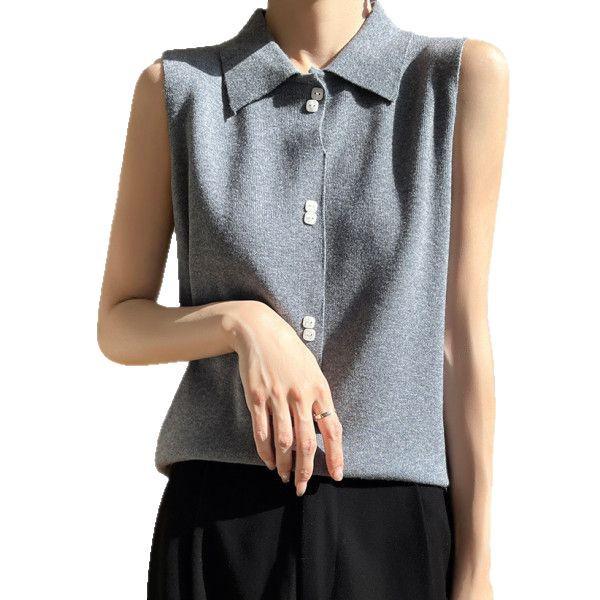 Women's Wool Knit Lapel Collar Sleeveless Base Layer Vest