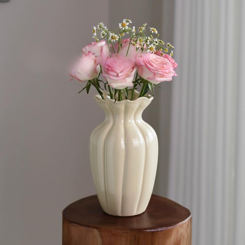 Creative Stripe Vases Decor, Ceramic, Home Bedroom Living Room Study, Flower Arrangement Table Decorations Cream Style Vase, 1Pc