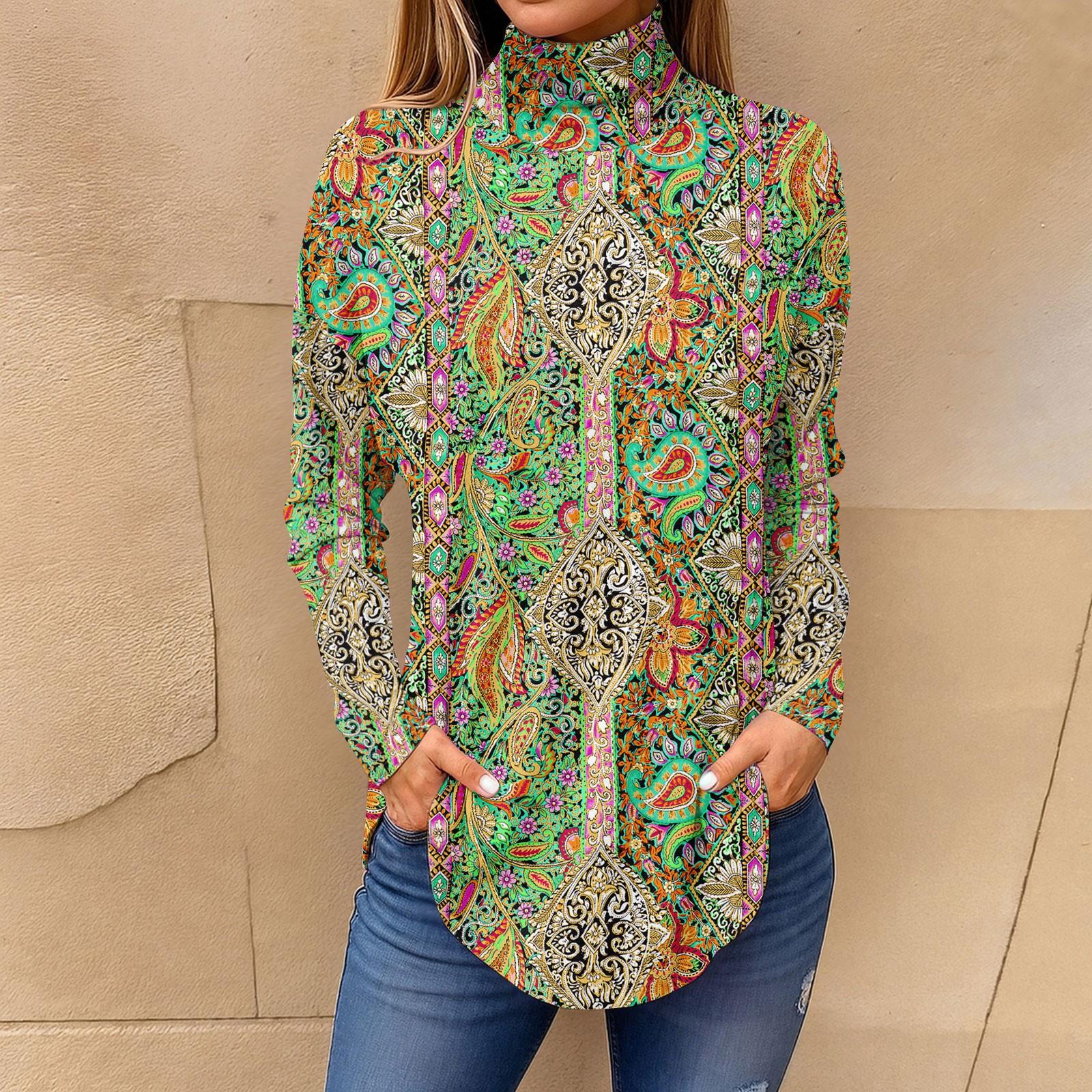 

Футболки для женщин, осенние повседневные рубашки с длинными рукавами, толстовка с винтажным принтом, топ с высоким воротом, пуловер XXL зелёный