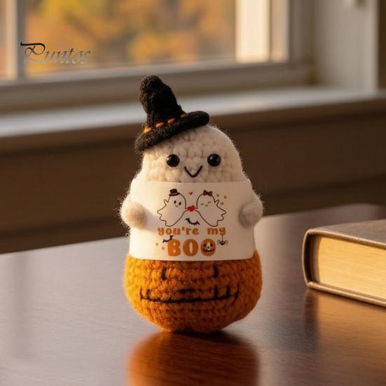 Portable Travel Friendly Charm Hand Knitted Halloween Ghost Ornament, Crochet Plush Doll with Whimsical Witch Hat Pumpkin Encouragement Card,