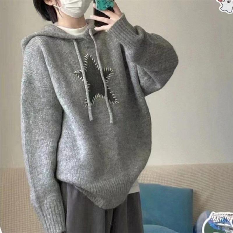 New pullover sweater women's autumn and winter lazy style design sense large size retro soft waxy hooded knitted sweater top