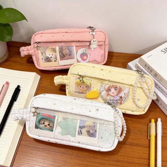 Pencil Case Star Design Extra Large Capacity Zipper Closure Pencil Pouch with DIY Storage Transparent Window School Supplies
