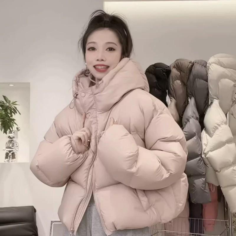 Womens Short Puffer Jacket Winter Warm Duck Down Coat Loose Fit Regular Sleeve Stand Collar Plus Size