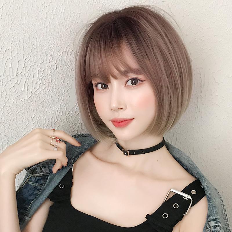 Pixie Cut Wigs Synthetic Short Straight Pink Brown Bob Wigs With Dark Roots High Density Layered Hair Wigs With Curtain Bangs