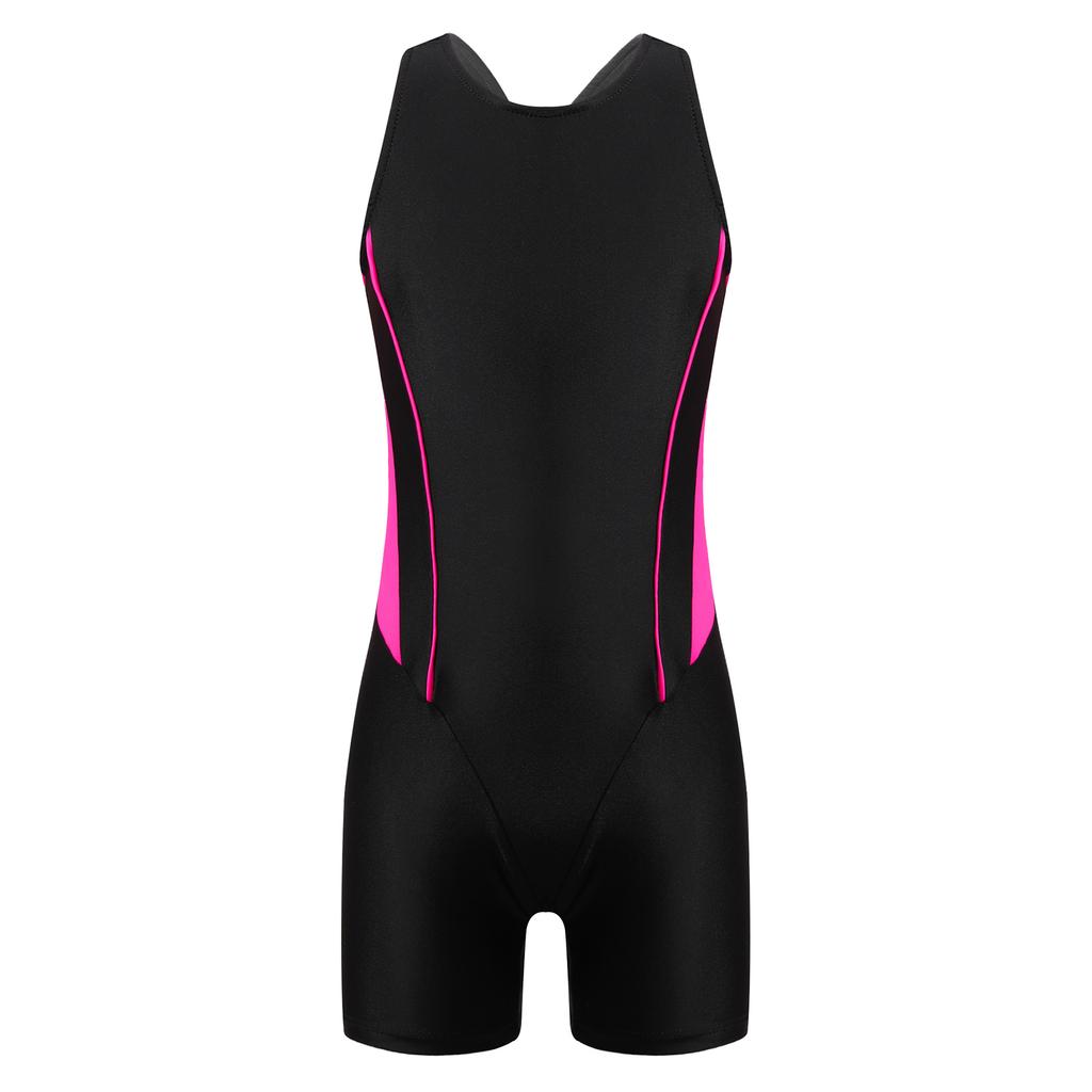 Girls Swim Bodysuit One Piece Swimwear Round Neck Sleeveless Open Back Print Short Jumpsuit Pool Beach Wear