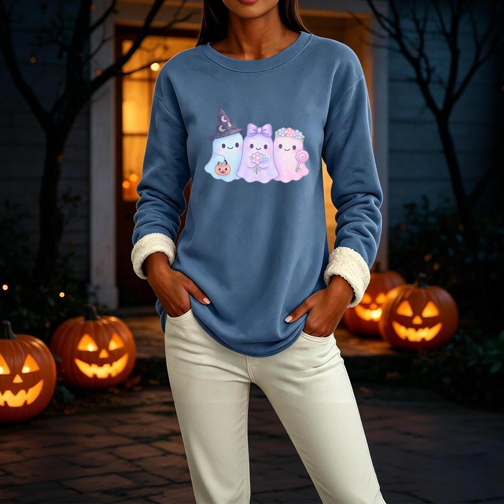 Women's Halloween Print -Lined Long Sleeve Round Neck Sweatshirt for Winter Casual Wear
