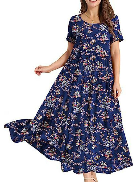 2023 Summer Pleated Floral Mid-Length Dress – Comfortable & Casual Loose Fit