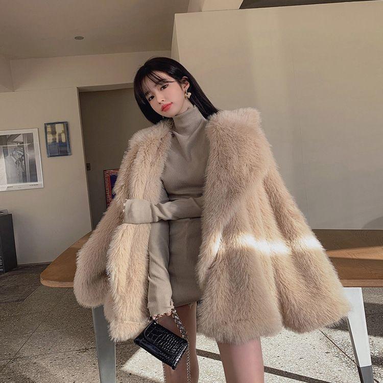 New winter imitation fox fur jacket, suit collar medium and long women's fashion loose suit collar coat
