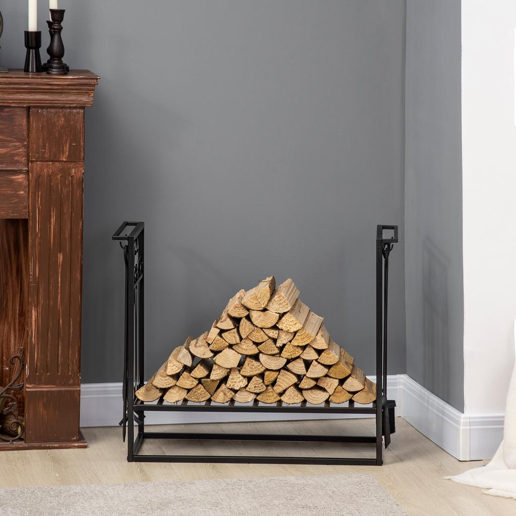Firewood Rack with Fireplace Tool Set, Firewood Shelf, Firewood Storage, Fireplace Tools, Steel Black 75 x 30 x 60 cm