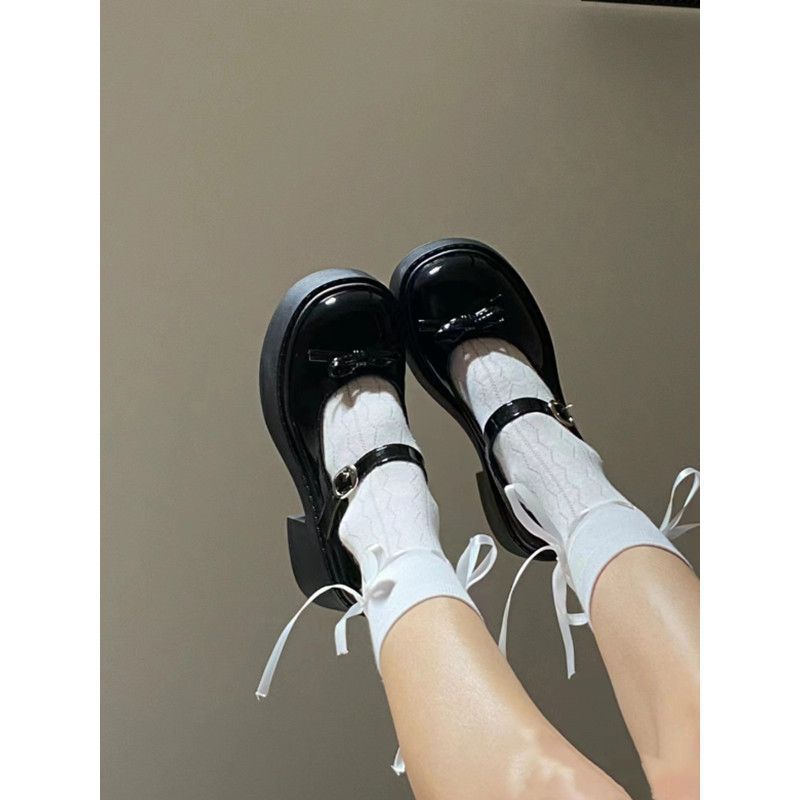 Skinny thick-soled taller small thick-heeled bow Mary Jane small leather shoes women s spring and summer women s shoes 35