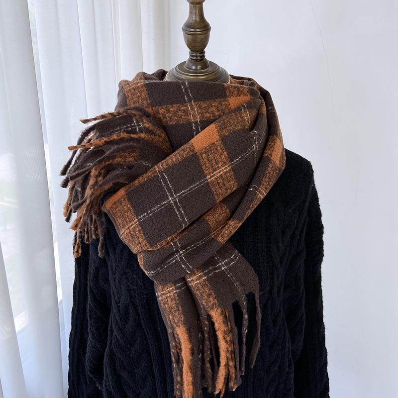 2024 Autumn/Winter Women's Plaid Scarf - Versatile Medium/Long Imitation Cashmere Tassel Shawl