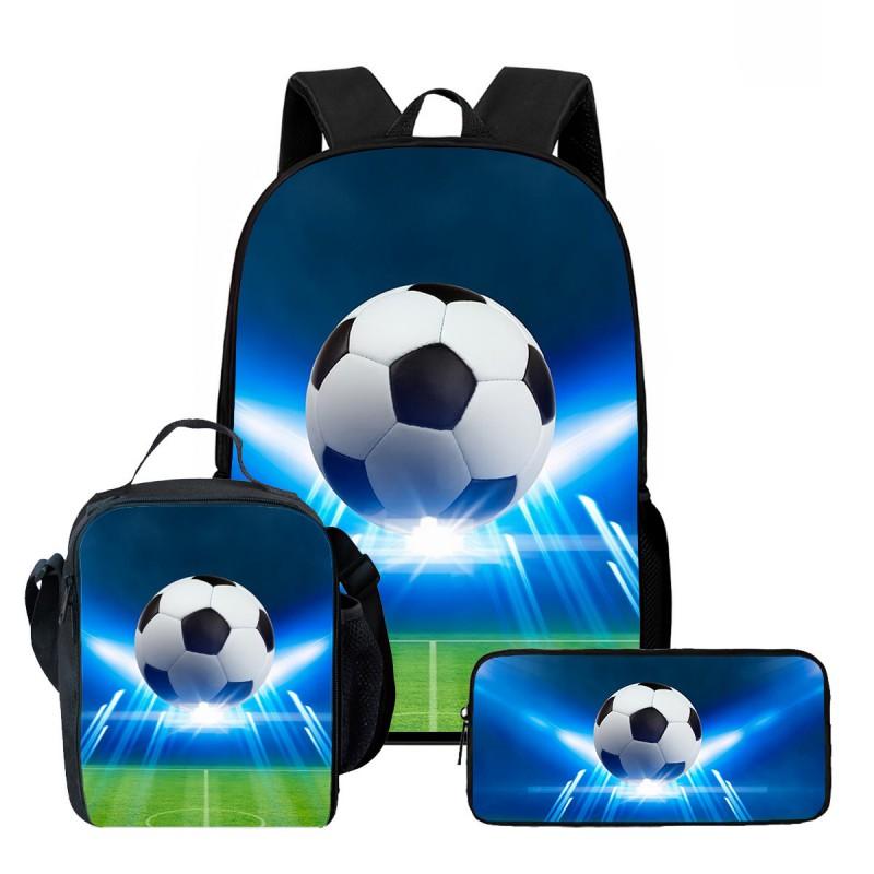 Kids School Backpack Set With Lunch Bag Pencil Case - Football Print Oxford Fabric Ergonomic Design Elementary Students