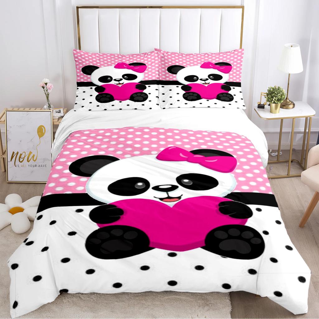 Urocza Poszewka na Kołdrę Panda Kreskówkowa Kawaii Zestawy Pościeli Miękka Poszewka na Kołdrę i Poszewki na Poduszki dla Nastolatków PojedynczaPodwójnaQueenKing