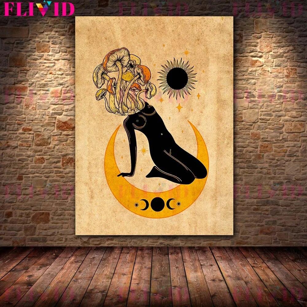 Goddess Mushroom And Witch Wall Art Decor Goddess Fairy Woman Witchy Psychedelic Vintage Poster And Prints Home Decoration No Frame