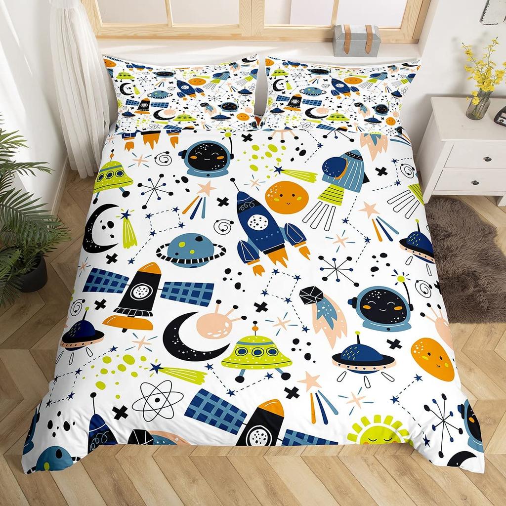 Kids Rocket Duvet Cover Twin Boys Space Planet Theme Bedding Set 3pcs Set Watercolor Spaceship Stars Universe Comforter Cover