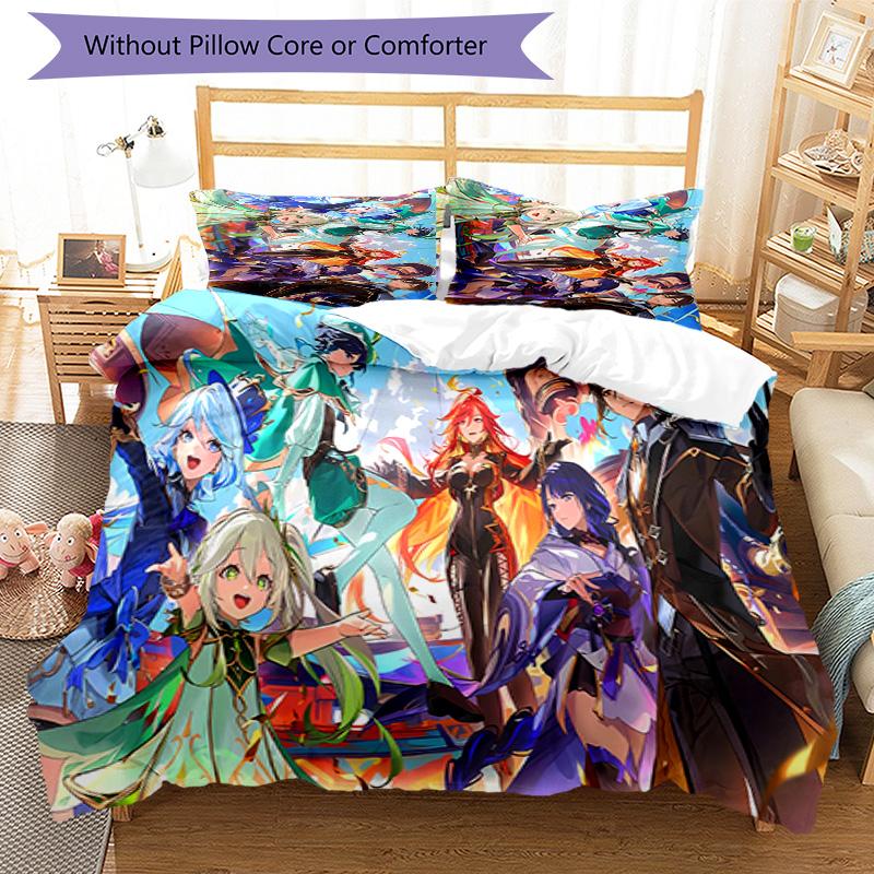 3pcs Genshin Impact characters9 pattern bedding set duvet cover set includes duvet cover &pillowcases, perfect all season bedroom decoration & gift