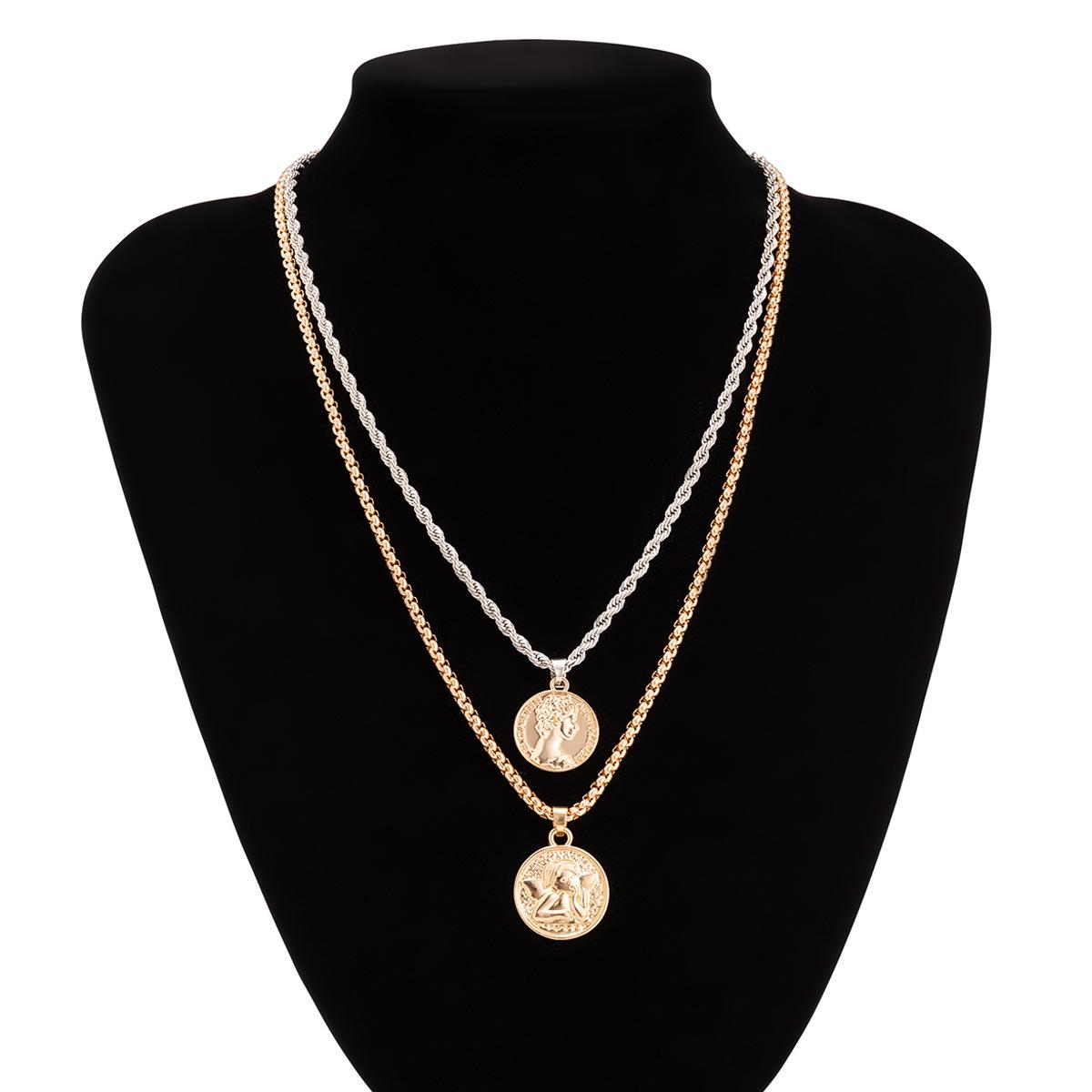 Trendy Fashion Angel Queen Double Tag Double Layer Stacked Necklace Mixed Color Layering Necklace Color Mixing 02687