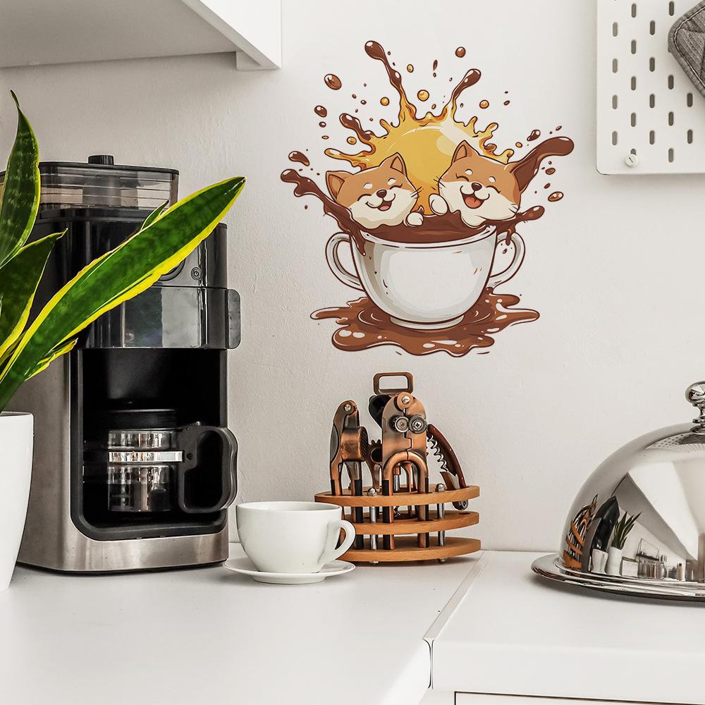 Creative Coffee Cups Cat Coffee Shops Kitchen and Dining Rooms Wall Background Beautification and Decorative Wall Stickers