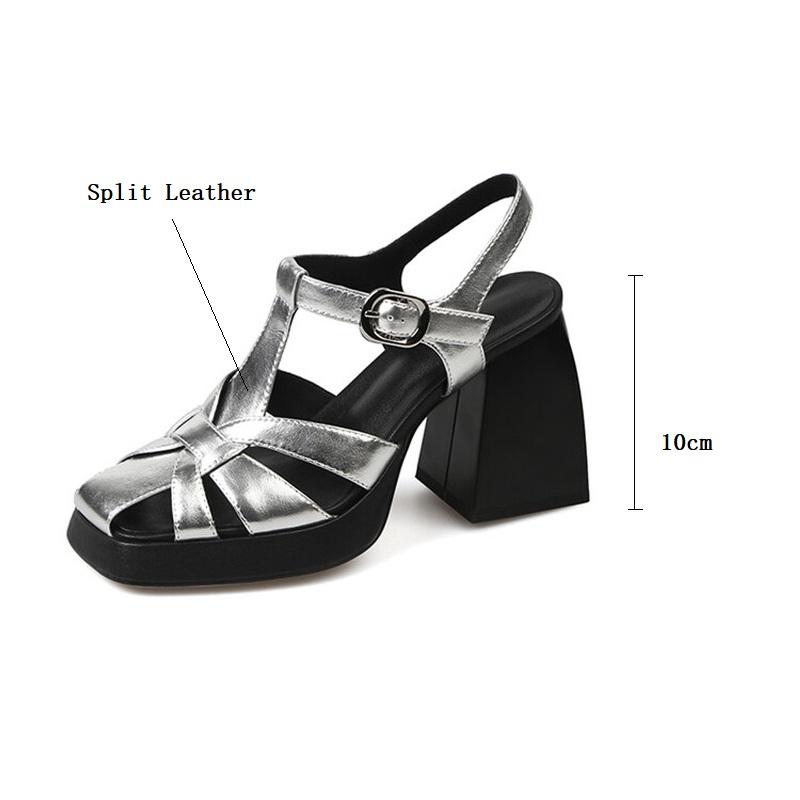 Fashion Summer Sandals Split Leather Women Shoes Square Toe High Heels Sandals for Women Handmade Fashion Roman Shoes Platform Sandals