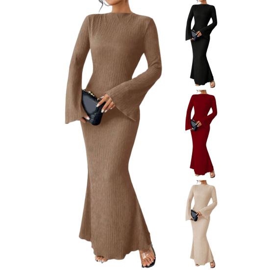 Women's Bell Long Sleeve Bodycon Maxi Dress Mock Neck Slim Fit Party Cocktail Dress Fall Wedding Guest Dress